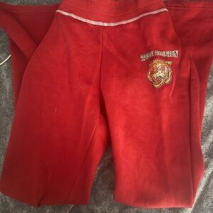 True Religion Red Wide Leg Pants with Embellished Tiger Patch